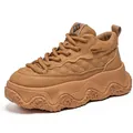 Stylish camel high-top leather boots with a chunky textured sole for casual wear - 39 / Regular Fit / Khaki