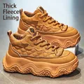 Premium chunky high-top leather sneakers with warm fleece lining in stylish tan - 39 / Khaki Fleece