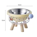 Elevated stainless steel pet bowl with cute pattern and wooden legs, 16x12cm size - Single Bowl (With Stainless Steel Bowl) / Yellow