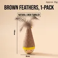 Natural linen tumbler cat toy featuring brown feathers and a wooden base, 18cm height - Linen Feather Style