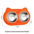 Robuste orangefarbene Katzenform-Basis mit doppelten Edelstahlschalen für Haustiere - Doppel-Edelstahlnapf Modell / Orange