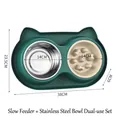 Green cat-shaped double pet bowl set with stainless steel and slow feeder insert - Slow Feeder & Stainless Steel Dual-use Style / Stainless Steel Bowl + Slow Feeder Bowl / Green