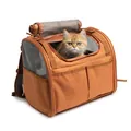 Close-up of a ginger cat peeking out from a breathable orange pet carrier backpack - Tan