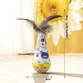 Beech wood tumbler cat toy with spotted feathers and cute bear pattern decoration - Guinea Fowl Feather Style