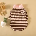 Close-up of striped pet base layer with pink turtleneck and heart patch - XS / Heart Striped (Coffee and White)