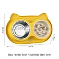 Yellow cartoon cat-shaped double pet bowl with slow feeder and stainless steel insert - Slow Feeder & Stainless Steel Dual-use Style / Stainless Steel Bowl + Slow Feeder Bowl / Yellow