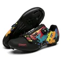 Professional road cycling shoes with multicolor splash design and rotary buckle - 36 / Road Bike Cleated Style (007) / Black