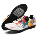 White road cycling shoes featuring colorful paint splatter design and rotary dial system - Size 36 / No-Lock Cycling Shoes (007) / White