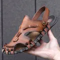Men's premium brown leather sandals with woven details and durable rubber sole - 38 / Brown
