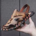 Premium brown leather men's summer sandals with closed-toe design for beach and driving - 38 / Khaki
