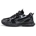 Men's black thick sole breathable mesh running shoes with silver line pattern - 39 / Black