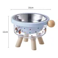 Elevated stainless steel pet bowl with cute cartoon print, 16cm width, wooden legs - Single Bowl (With Stainless Steel Bowl) / Blue