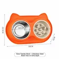 Orange cartoon cat-shaped double pet bowl with stainless steel and slow feeder - Slow Feeder & Stainless Steel Dual-use Style / Stainless Steel Bowl + Slow Feeder Bowl / Orange