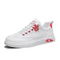 Stylish white men's casual sneakers featuring red accents and a checkered side texture. - White Red