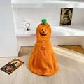 Close-up view of orange pumpkin fleece cat cloak with hood for Halloween pet parties - S / Tops / Orange Pumpkin Style