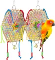 Detail van een bamboe vogelspeeltje met gekleurd papier en belletjes voor papegaaien. - 2 Stuks/Set
