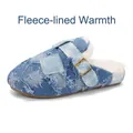 Mules da uomo in denim patchwork con calda fodera in pile bianco e fibbia regolabile - 39 / Blu Chiaro (Foderato in Pile)