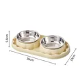 Stainless steel double pet bowl featuring a cream anti-spill base and dimensions - Double Stainless Steel Bowls / Yellow