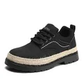 Stivaletti bassi retrò in pelle nera con suola spessa e decorazione in juta intrecciata - Nero (M608)