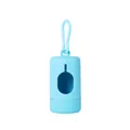 Detailed close-up view of a portable light blue pet waste bag dispenser with hook - With Threads / Sky Blue