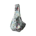 Detail view of a grey adjustable pet carrier sling bag with cute cartoon puppy print - Adjustable Cartoon Print Style (2508) / Gray