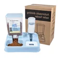 Pet automatic feeding and drinking water dispenser system shown next to retail packaging - Blue / NO-022