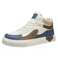 Mens mid-top casual sneakers featuring white blue and brown patchwork quilted design - 39 / Beige Blue