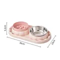 Pet double bowl set with slow feeder and stainless steel bowl in pink base, 36cm x 19cm - Slow Feeder And Stainless Steel Bowl / Pink