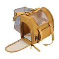 Detailed view of an expandable yellow pet carrier with mesh ventilation and white pad - Brown