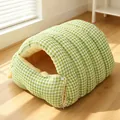 Green and white checkered enclosed pet bed house with cozy yellow plush lining - L / Green Check