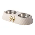 Cream-colored bow-knot pet double bowl with stainless steel inserts and gold accent - Pearl White