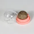 Close-up of a rotating natural catnip ball toy with pink base and clear protective lid - Pink
