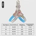 Durable blue dog harness with reflective stitching and comprehensive size chart details - S / Blue