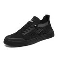 Breathable black fly-knit low-top men's sports shoe with secure lace-up closure - 38 / Black