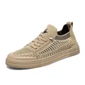 Khaki breathable knit sneakers for men with low-top lace-up design - 38 / Khaki