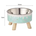 Erhöhter Katzennapf aus Edelstahl mit Holzbeinen und süßem minzgrünem Katzenmuster 14cm - Erhöhte Schale mit Edelstahl (Blaues Eis) / Beutelverpackung