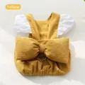 Yellow corduroy pet dress featuring a large back bow and elegant white lace sleeves - M / Bowknot Lantern Dress / Yellow