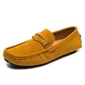 Mustard yellow suede moccasins loafers for men with slip-on design and metal buckle detail - 35 / Casual Loafers (2054) / Earthy Yellow