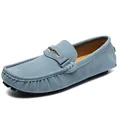 Classic light blue suede loafers for men featuring a metal buckle and casual driving sole - 35 / Style 2054 / Translucent Blue Cat Eye Metal Decor