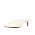 Detailed side view of white pointed-toe kitten heel mules with pearl bow accents - 6 / White