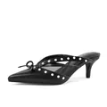 Elegant black pointed toe kitten heel mules featuring white pearls and chic bow detail - 6 / Black