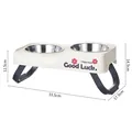 Elevated double stainless steel pet bowls with foldable anti-slip stand measuring 33.5cm long - Foldable Elevated Stainless Steel Double Bowl / White