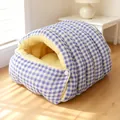 Cozy enclosed plush pet bed featuring blue checkered pattern and warm yellow fleece lining - L / Blue Plaid