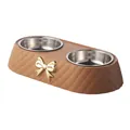 Luxury quilted brown double pet bowl with stainless steel inserts and gold bow detail - Silk Fog Brown