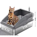 Large semi-enclosed stainless steel cat litter box with 60x40x30cm dimension markers - Litter Box + Lid / Dark Gray