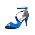 Elegant royal blue satin high heel sandals with crisscross straps and ankle buckle. - US6 / Blue