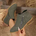 Olive green women's ankle boots with pointed toe, chunky heel, and double side zippers - 36 / Green