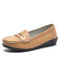 Comfortable light brown leather flat loafers for women with durable beef tendon sole - 38 / Khaki