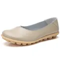 Comfortable soft beige genuine leather women flats featuring a flexible rubber sole - Apricot