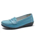 Casual sky blue leather flat loafers with white decorative stitching for women - 38 / Light Blue